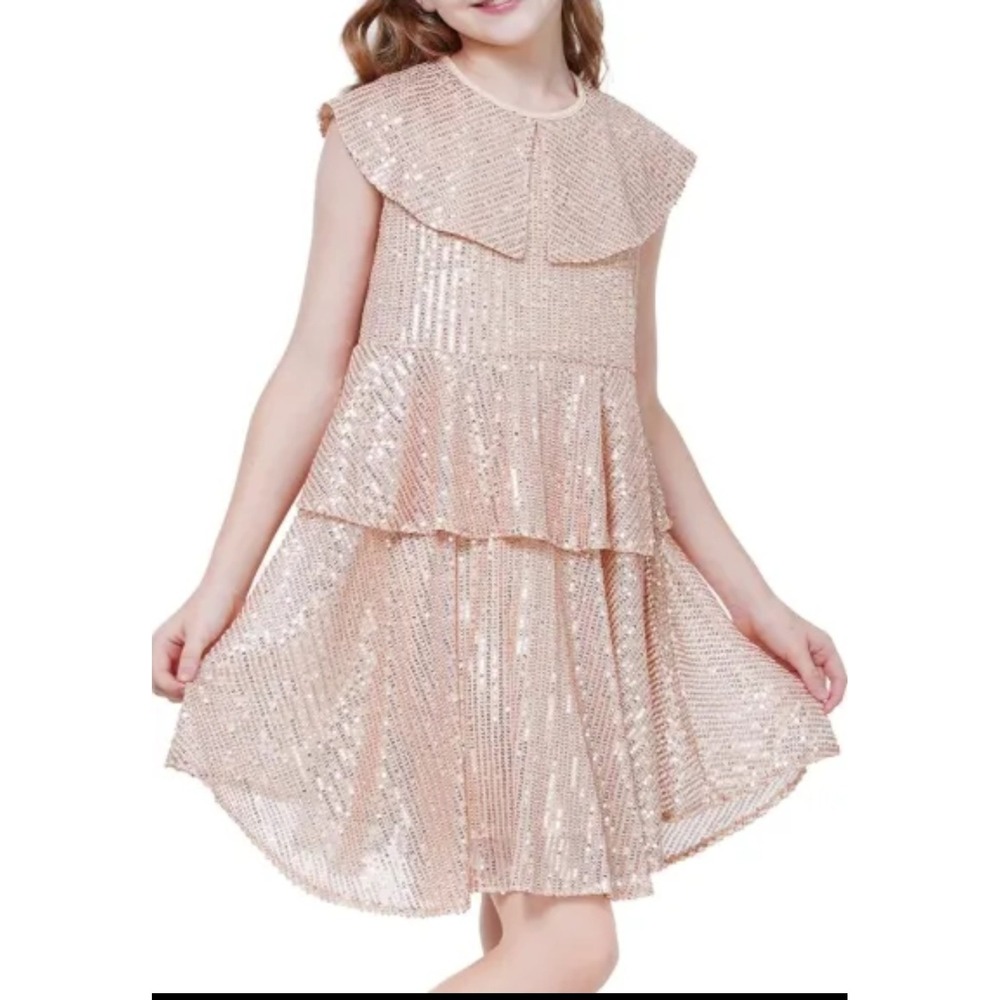 Girls Champagne Gold Sequin A-Line Knee Length Party Dress Sleeveless Size 8-10
